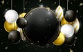 Black, Gold And White Christmas Balls With Black Circle Space For Your Design. Christmas Banner, Posters, Headers, Cards