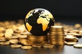 Black and gold world globe encircled by gleaming stacked gold coins