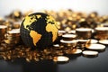 Black and gold world globe encircled by gleaming stacked gold coins