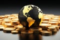 Black and gold world globe encircled by gleaming stacked gold coins