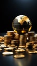 Black and gold world globe encircled by gleaming stacked gold coins