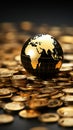 Black and gold world globe encircled by gleaming stacked gold coins