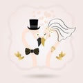 Black and golden abstract flamingo bride and groom head icons on pink Royalty Free Stock Photo