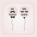 Black and golden abstract Mrs. Lashes and Mr. Staches balloons and frame wedding card on pink