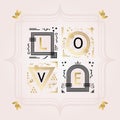 Black and golden abstract word LOVE emblems on pink background