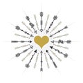 Black and golden circle targeting arrows and heart icon on white background Royalty Free Stock Photo