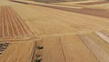 Black and golden fields of cereal with bales of straw after harvest seen from drone