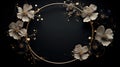 Black and golden flowers wreath abstract background. Generative AI