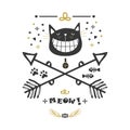 Black and golden hand drawn cute cat with big smile and crossed arrows icons Royalty Free Stock Photo