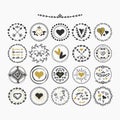 Black and golden hand drawn hearts emblems set on white background