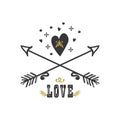 Black and golden heart and crossed arrows icons on white background