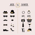 Black and golden hipster Men Vs Women accessories and design icons Royalty Free Stock Photo