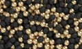 3d rendering black and golden realistic spheres background close up. Backdrop of metall balls with depth of field