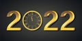 Black and golden shiny 2022 New Year web banner. Card with snow, reflection and round clock the chimes Kremlin Spasskaya