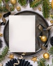 Black and golden Christmas Table setting with ornaments and fir tree branches. Menu card Mockup Royalty Free Stock Photo