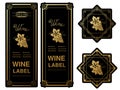 Black golden wine labels with grapes on white background. Rectangle and star frames on wine bottle. Decorative stickers.