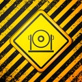 Black Gong musical percussion instrument circular metal disc icon isolated on yellow background. Warning sign. Vector