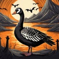 Black goose halloween illustration, vector illustration. Background with flying birds, trees, mountains.