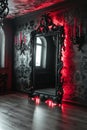 Black gothic framed mirror encircled by ritualistic red candles for a mysterious ambiance