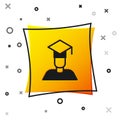 Black Graduate and graduation cap icon isolated on white background. Yellow square button. Vector Royalty Free Stock Photo