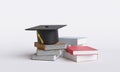 Black graduate hat with gold tassels on pile of books, graduation concept. knowledge and education Royalty Free Stock Photo