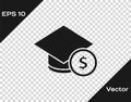 Black Graduation cap and coin icon isolated on transparent background. Education and money. Concept of scholarship cost