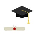 Black graduation cap and diploma scroll web icon isolated on