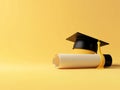 Black Graduation Cap with Gold Tassel Resting on Rolled Parchment Diploma on Yellow Background mortarboard Royalty Free Stock Photo
