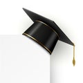 Black graduation cap with golden tassel hanging on corner. Realistic 3d graduate student academic hat on white frame Royalty Free Stock Photo