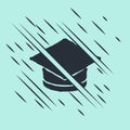 Black Graduation cap icon isolated on green background. Graduation hat with tassel icon. Glitch style. Vector Royalty Free Stock Photo