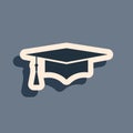 Black Graduation cap icon isolated on grey background. Graduation hat with tassel icon. Long shadow style. Vector Royalty Free Stock Photo