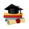 A black graduation cap over a stack of books and a papyrus certificate with a wax seal. Education concept. Illustration, icon Royalty Free Stock Photo