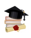 A black graduation cap over a stack of books and a papyrus certificate with a wax seal. Education concept. Illustration, icon Royalty Free Stock Photo