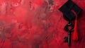 A black graduation cap with a red tassel and a large key on a red background Royalty Free Stock Photo