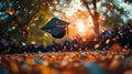 A black graduation cap is thrown into the air, surrounded by confetti, with a blurred background of a graduation ceremony Royalty Free Stock Photo