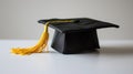 a black graduation cap with a yellow tassel