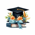 Black Graduation hat with beautiful flowers and books generative AI Royalty Free Stock Photo