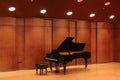 Black grand piano and bench on light wood stage with medium wood walls and slanted ceiling lights Royalty Free Stock Photo