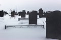 Black granite headstones in winter cemetery