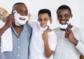 Black Granpa, Father And Preteen Son Shaving In Bathroom Together, Using Razors