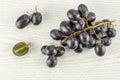 Fresh raw black grape on grey wood