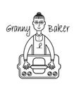 Black graphic drawing of the character of grandmother making buns from pastry for baking, with a rolling pin, in an apron. Vector