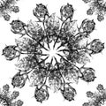 Black graphic rose snowflake on a white background. Floral seamless pattern.