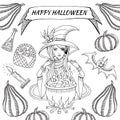 Black graphic witchcraft objects set: witch, cauldron with magic potion, bat, pumpkins, candys, candle. Hand drawn vector Happy Royalty Free Stock Photo