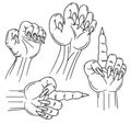 Black graphic zombie hands, hand drawn halloween vector illustration isolated on white