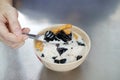 Black grass jelly with ginkgo nuts in iced fresh milk, Healthy and fusion dessert, popular street food