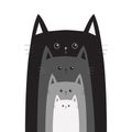 Black gray cat head. Cats in a row. Different size big small middle.