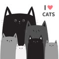 Black gray cat head face. Different size. I love cats pink heart. Different size. Cute cartoon funny character family set. Pet bab