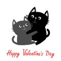 Black Gray Cat hugging couple family. Hug, embrace, cuddle. Cute funny cartoon character. Happy Valentines day Greeting card. Kitt