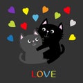 Black Gray Cat hugging couple family. Rainbow color hearts Hug, embrace, cuddle. Love Greeting card. Cute funny cartoon character.